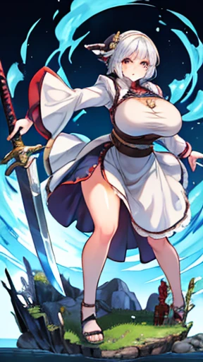 High detailed, 1 old womans, 65 yo's, pure White, large breasts, curvy body, Villager dress, angry eyes, holding a gigantic sword in hand, Dynamic pose, a old Villager woman in a ravaged island