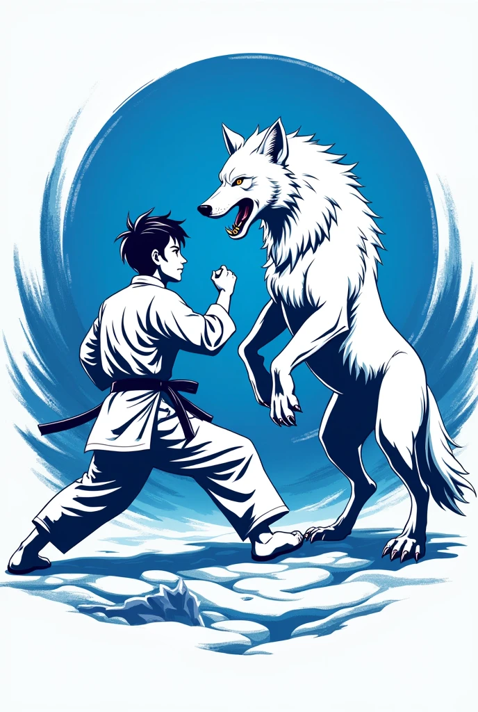 Doryoku Kenshin logo azul de karate, a karateka fighting a white wolf