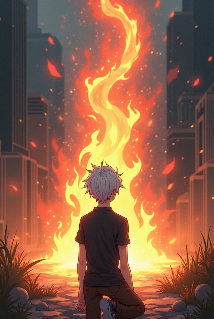 generate an handsome anime  boy with white hair and on his knees looking at the invisible system that looks to be burning that appeared before him with confusion