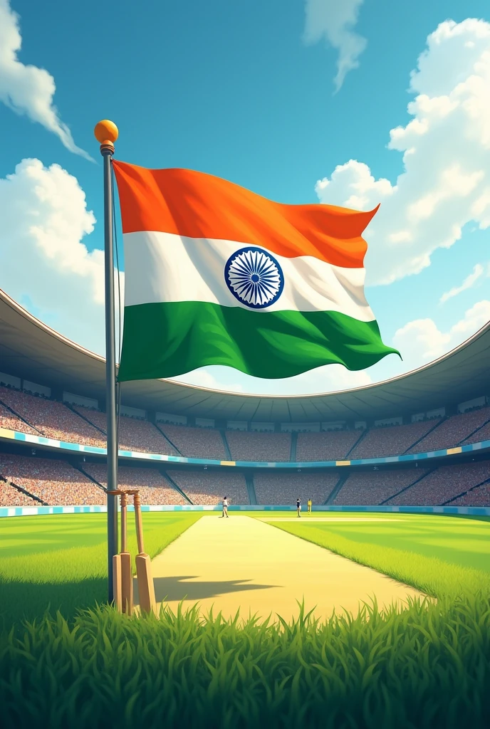 Indian flag in cricket ground design. something creative. Related to cricket.