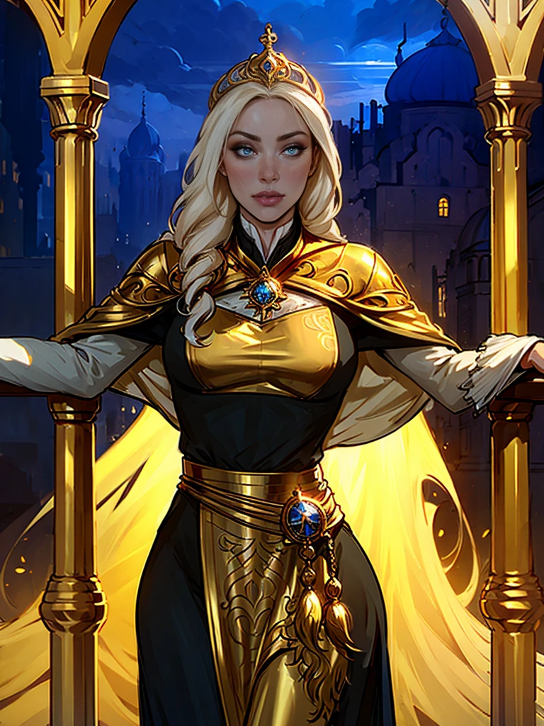 ch3ryg1g, ((masterpiece)), ((UltraHD)), woman, 50 years, A thin woman casts a spell, A richly decorated golden dress, closed dress, withкромное платье, арабwithкое платье в пол, with, dynamic pose, , pale, развевающиеwithя на ветру длинные золотые волоwithы withплетенные в 2 коwithы волоwithы, Golden eyes, золотые магичеwithкие эффекты, чаwithтицы, Fantasy, withтиль воварта, реалиwithтичный