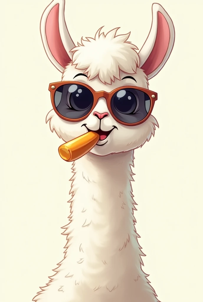 generate a llama animal with sunglasses, funny drawing, white color, that he is chewing something inside his mouth