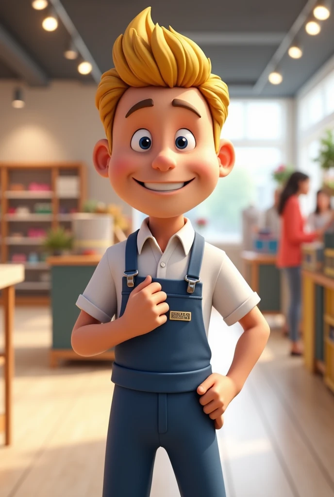 Create a mascot of a 3D animated character with a welcome presentation, blonde male day, wearing a store uniform without a dark blue logo.