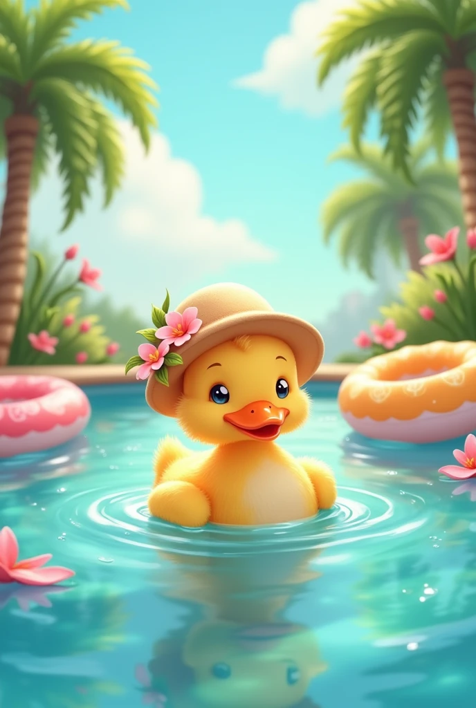 Cute Baby duck in Swimmingpool,soft pink,flowers, hat with flowers, sun palmtrees Cocktail cartoon swimming tires