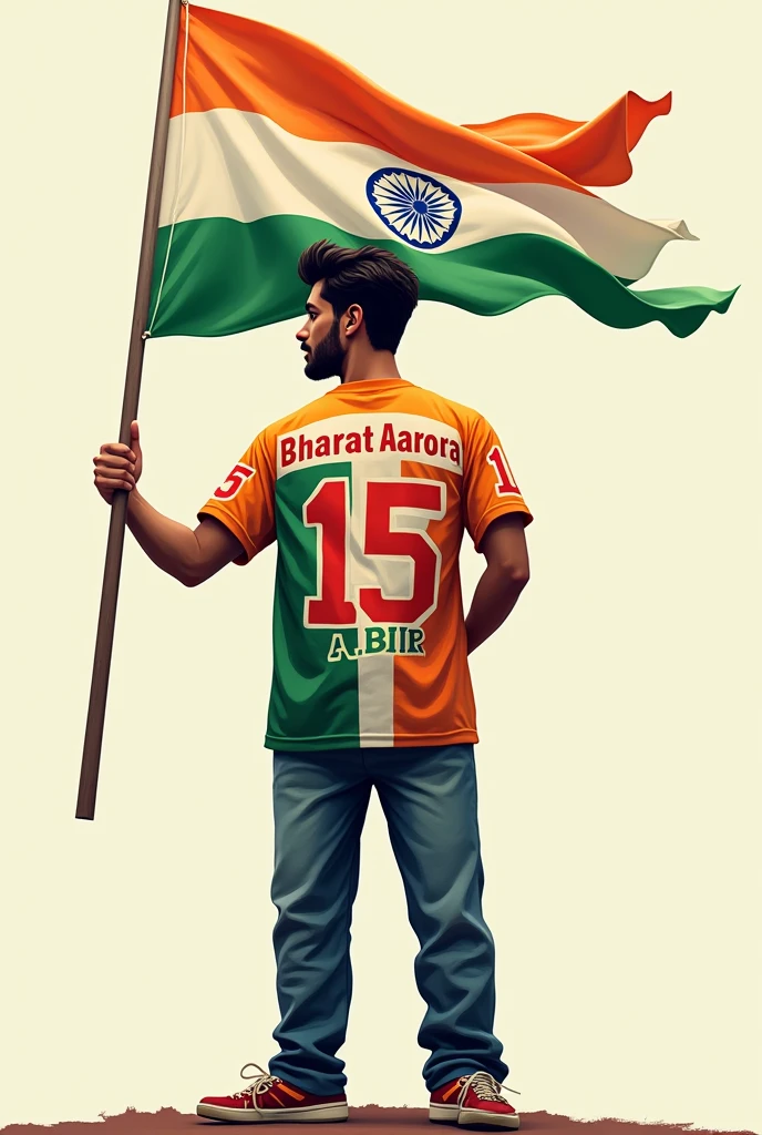 A 30 years old boy holding the national flag of Bharat and he is wearing a shirt print is like Bharat flag and “Bharat Arora” and 15 number and independence day in small written on it’s back in big and bold fonts, 3d illustration