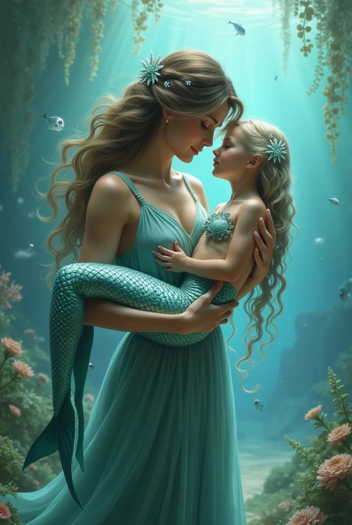 Human woman carrying a mermaid woman