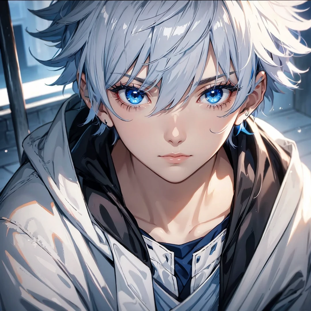 Blue eyes, a dark expression, with a medieval cloak 