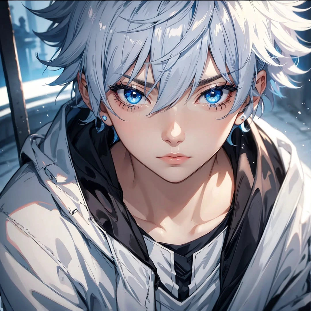 Blue eyes, a dark expression, with a medieval cloak 