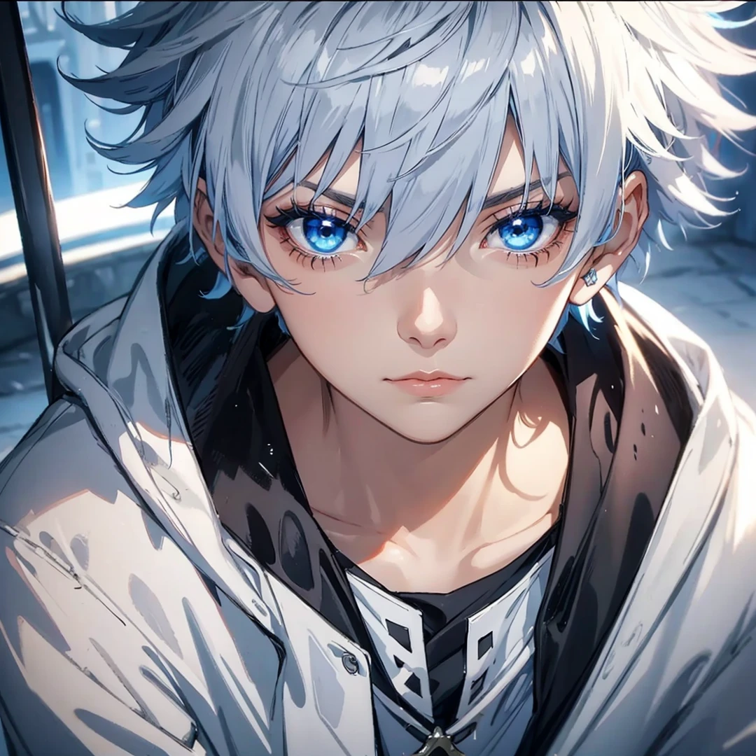 Blue eyes, a dark expression, with a medieval cloak
