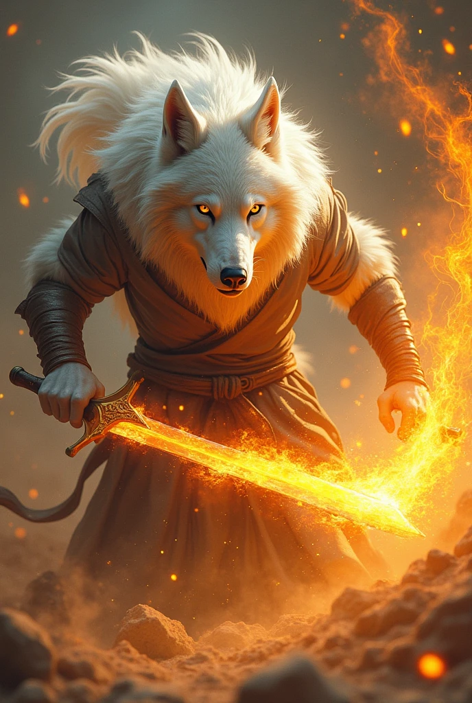 Living dust sand which have no mind and soul but only have chaotic essence used as power source inside golden eyed white hair werewolf swordsman to be burn under the spell to increase flame manipulation power which become a hunting culture for a long time