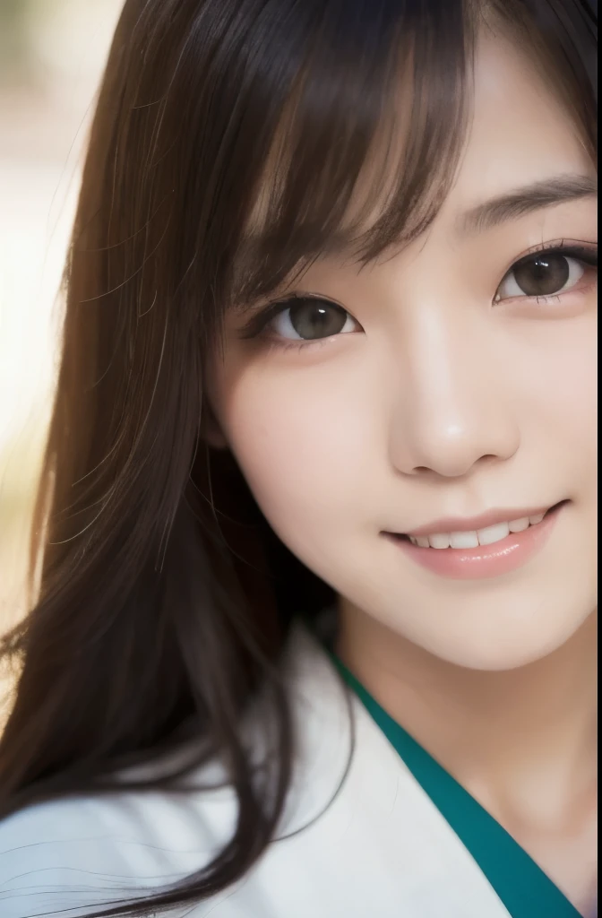 best quality, face focus, soft light, ultra high res, (photorealistic:1.4), RAW photo,(Shinozaki Ai), white skin, kawaii, 1 Japanese girl, solo, cute, (smile), (pupil, lights in the eyes),  detailed beautiful face, Medium-sized breasts,(high resolution detail of human skin texture),(long hair),(portrait), upper body, white traditional kimono