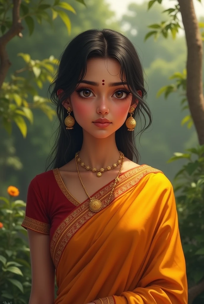 A Odia White young girl with slim body and perfect boobs, wearing beautiful saree and blouse with sindoor on forehead near to hairs and mangalsutra on neck like traditional housewife 