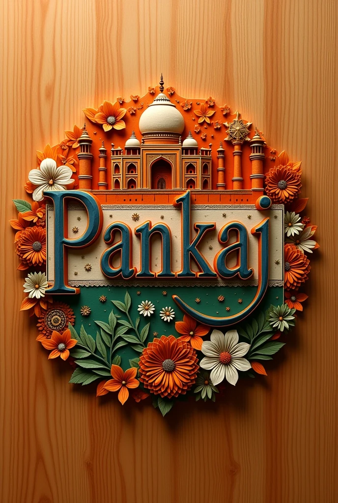 Create a stylized word "Pankaj" crafted from orange hardwood. The letter should feature intricate patterns inspired by the Indian flag, showcasing a detailed and advanced design. Use dark, bold font characteristics combined with vibrant, cheerful colors for the flag patterns. Ensure the overall style is sophisticated and clear, with a focus on crisp details. It should be made on wood and have wooden texture with wooden background . Have detailed design .also it should have famous Indian structure made on it