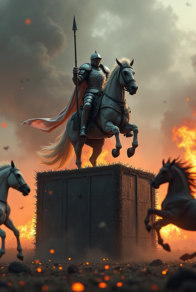 In the center, a box made of iron plate and a knight in armor riding it with a long spear。A box on the outside with countless thorns。A white horse rampaging in front on the left。A black horse rampaging in front on the right。A battlefield with flames in the background。