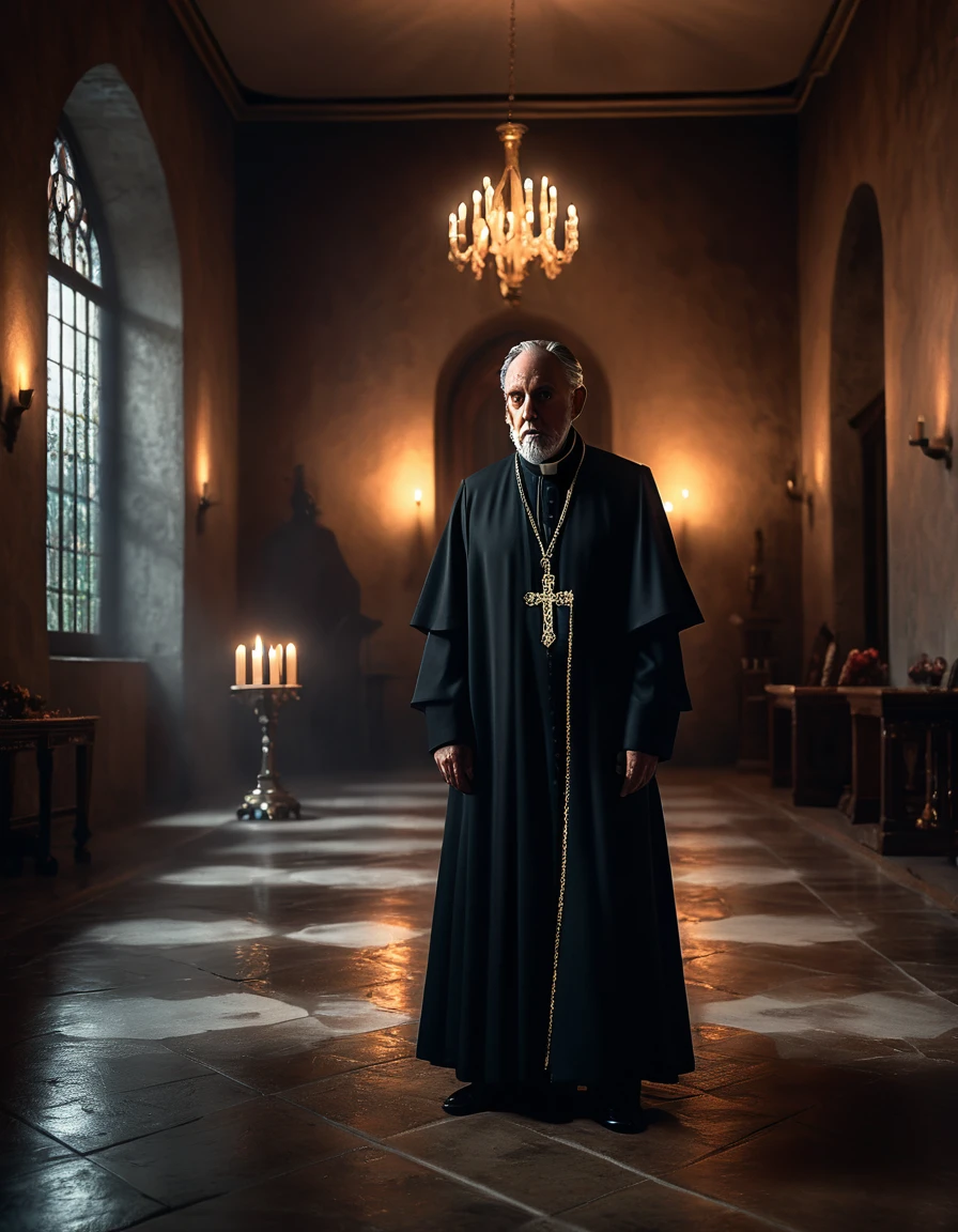 A mystery environment, with dimly lit candles flickering against the walls, casting eerie shadows across the floor. In the center of the room standed a male figure dressed in a bishop outfit eminating a calm aura and graceness, his facial expression is a mixing of peacefulness and sharpness, soft focus, depth of field, 8k photo, HDR, professional lighting, taken with Canon EOS R5, 75mm lens