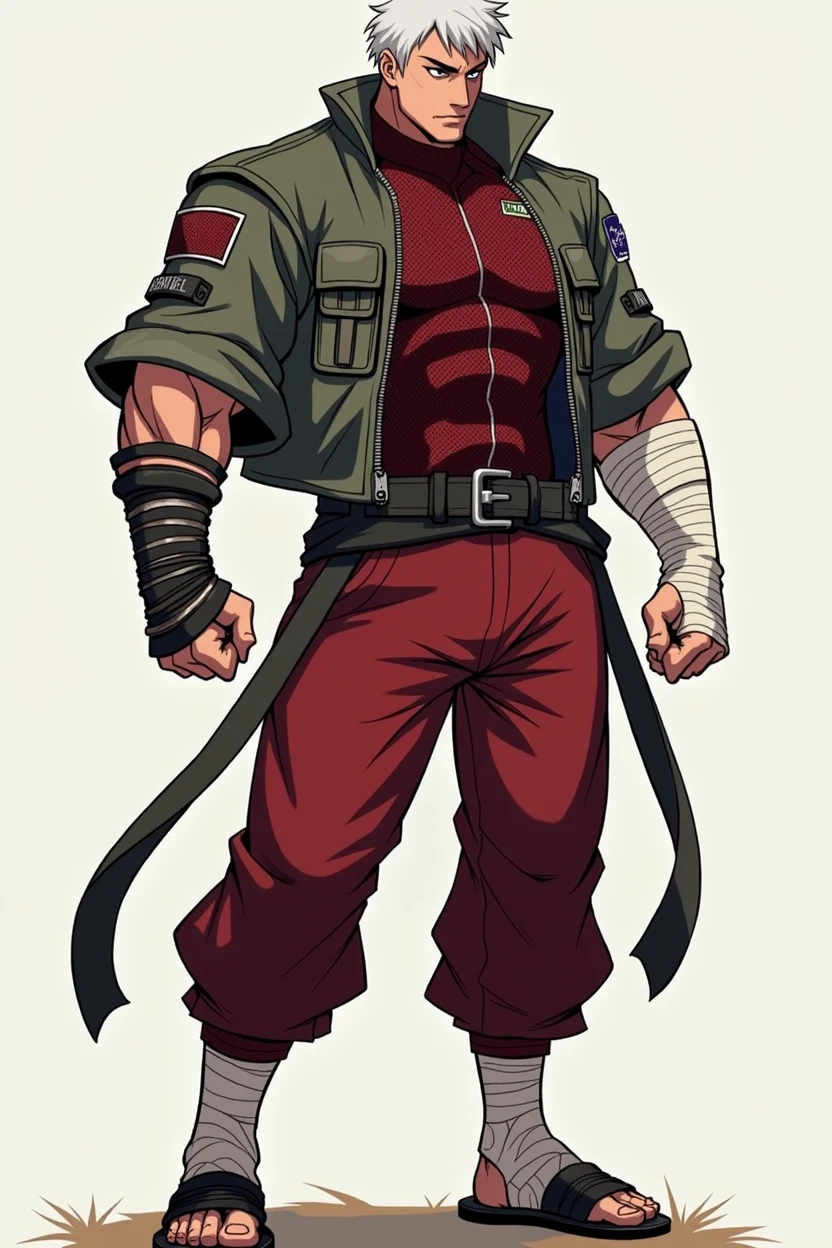 A dynamic illustration of Munashi Kurotani, a young but physically imposing 15-year-old character who stands 203 cm tall and has a muscular build. He has pure white hair and eyes. Munashi is dressed in a tight-fitting dark red shirt made of special mesh fabric with a high collar and no sleeves, paired with slightly loose red combat pants. He wears dark-colored ninja sandals. Over the shirt, he wears a sturdy, zipped combat jacket. His right arm features bandaged hands, while both legs have hip pouches with additional bandages wrapped around them. Capture him in a reflective or intense training pose, emphasizing his immense physical strength. The overall mood should convey his formidable presence, anime ART, webtoon ART, manga art