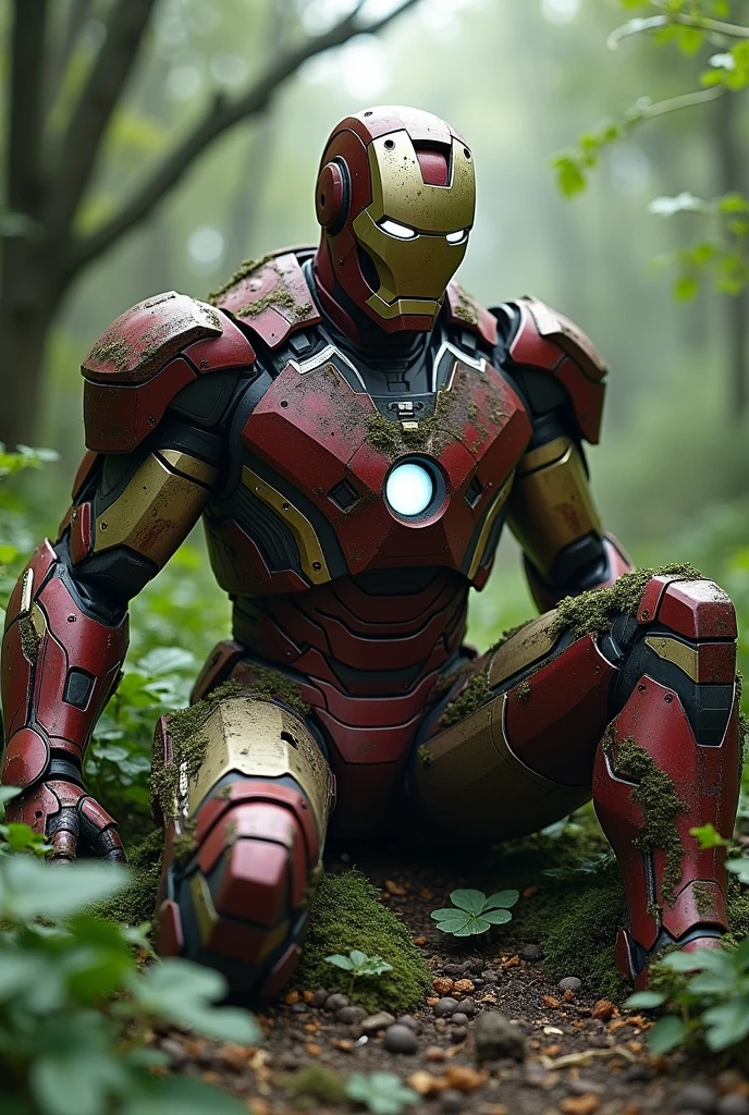 Iron Man's armor destroyed, no one in the suit, as if abandoned, plants all around, rust... 