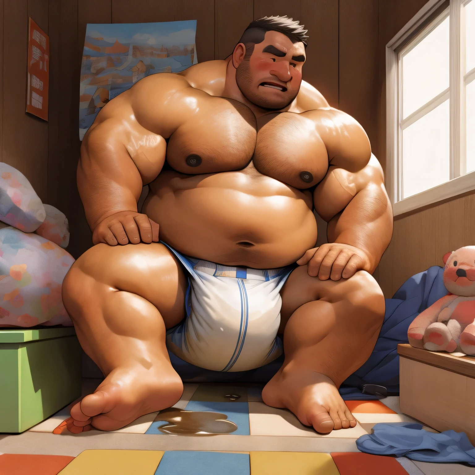 masterpiece, Top quality, in 32K, perfect anatomy, hyper detailed, super fine illustration, The thick man is a brutal prisoner, retarded, hairy, human, 50yo in japan, (fatness: 1.0), Fatty muscle, Bowleg, disappointment, incontinent, be diaper check by children, There is a small puddle under him, Naked, short legs, Bowleg, spread legs, wear a White cloth Diaper, Bare belly, Bare legs, Bare foots, Bare soles, Shirtless, wide forehead and short thinning hair, Man with round  face with stubble, Bare foots, Bare soles, shy, sissy, Weaker than children, Drool, Round face, He enters  and is despised by children, He is made to stand attention in the corner of the playroom, corner time, He surrounded by children, Bare foots, big butt, White Diaper, sobbing, There is a small puddle under him