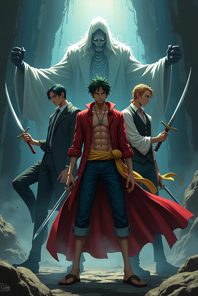 Create dark artwork for characters for an animated web series about one piece character zoro, sanji and broke.  Include Action moves side in the character design.