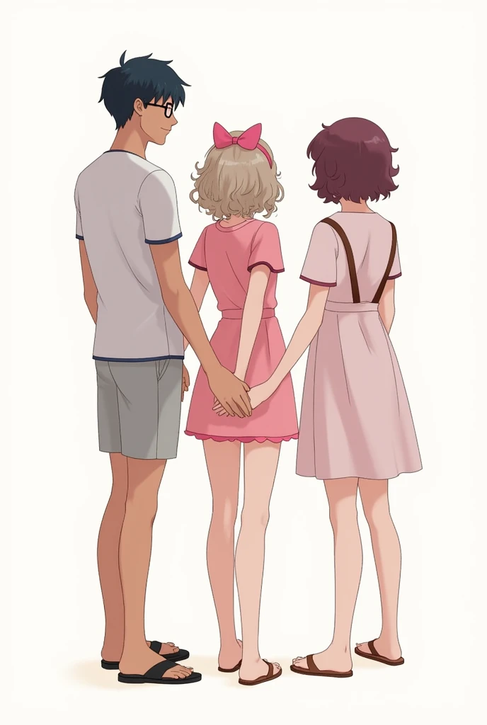 Tall man wearing black framed glasses, black hair, shorts, flip-flops and a short-sleeved shirt, hands linked with a  woman with curly hair and a pink bow and a pink dress, hands linked with a woman with short curly wine-colored hair, and everyone standing with their backs to each other