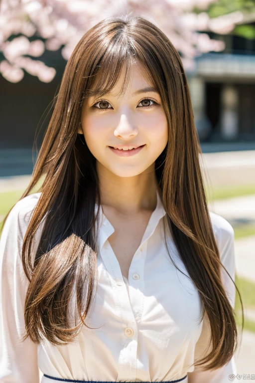 Highest quality, Soft Light, Ultra-high resolution, (Realistic:1.4), full_body,RAW Photos, One of the Japan, alone, cute, (pupil, Light in your eyes), Beautiful face in every detail,(High resolution detail of human skin texture), (Long Hair), Outdoor, Dress shirt,skirt, (Portraiture),spring,smile