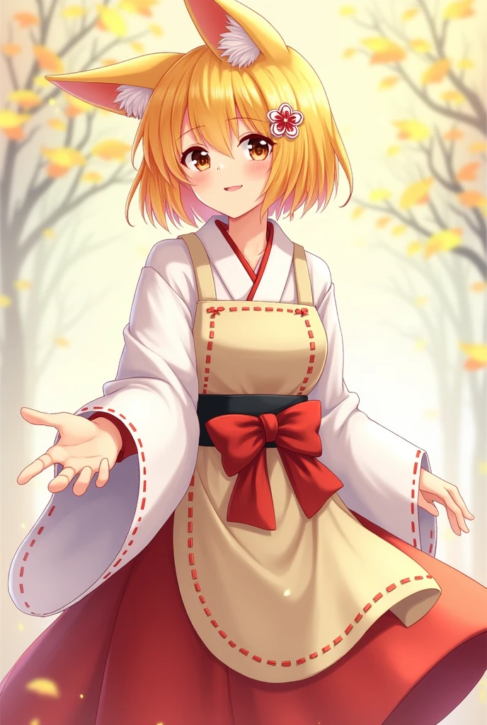 Draw me a beautiful girl with fox ears and one tail with short yellow-orange hair dressed in a white kemano with red dotted lines along the sleeves with a red long skirt and on top of all the clothes a beige apron the apron belt is black and should envelop her neck and it should be on top of the skirt and on the Senko belt there should be a red big bow. and with a smile he stretches out his hand in front of you. and on her head there is a hairpin in the form of a flower with red petals and in the center there is a white circle.