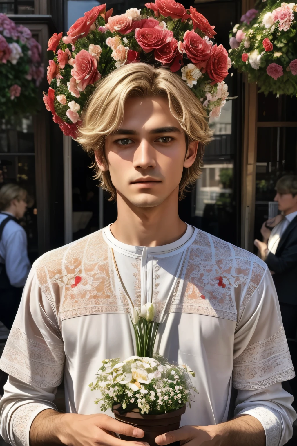 extremely delicate and beautiful, Amazing man, finely detail, masterpiece, ultra-detailed, highres,best illustration, best shadow,intricate,sharp focus, high quality, 1male, solo, blond hair. red eyes, kaveh genshin impact, flowershop front, flowers in pots, flowers for sale