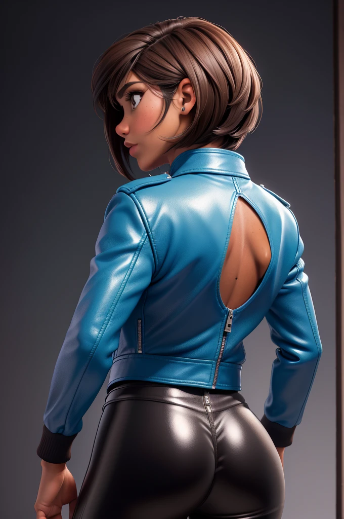 obra prima, melhor qualidade, ((only one woman,)) ((kristi noem, dark tan skin, dark brown bob hair)) looking over shoulder at me, ((wearing cerulean blue leather biker moto jacket, jacket has padded shoulders, jacket has stiff high collar,)) (((wearing shiny black leather pants,))) body is very skinny, arched back, ((extreme closeup view, rear view of high upper body,)) shallow depth of field, highres, HD, 8k, anatomically correct