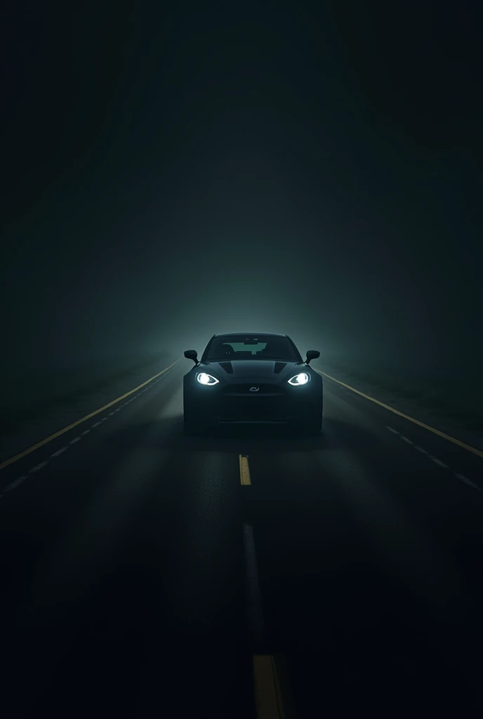 A scene of an car in an dark road with no cars on the road and point of view inside the car no driver