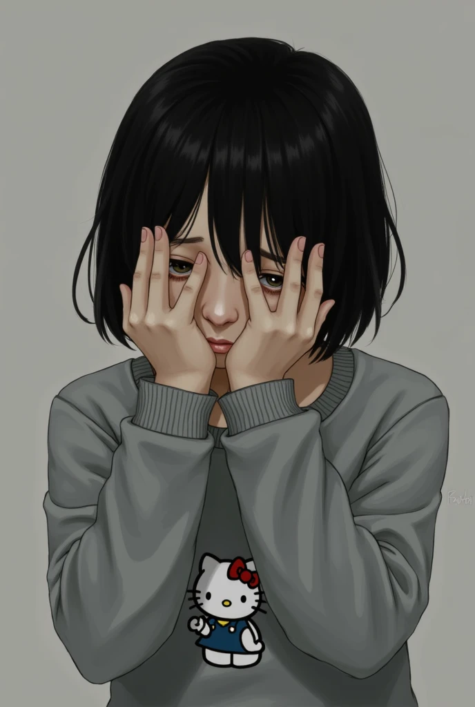 one , Bblack hair, eyes browns, with hands on face, I'm dear,wearing a Hello Kitty sweatshirt.