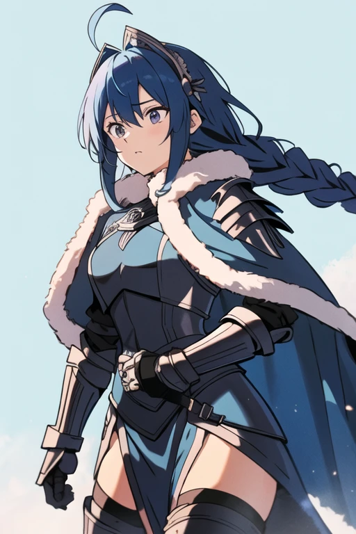 aajd, long hair, single braid, long braid, headpiece, ahoge, fur trim, blue cape, blue shirt, armor, armored dress, blue dress, gauntlets, black thighhighs, Masterpiece, Best Quality, 