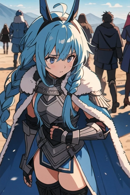 aajd, long hair, single braid, long braid, headpiece, ahoge, fur trim, blue cape, blue shirt, armor, armored dress, blue dress, gauntlets, black thighhighs, Masterpiece, Best Quality, 