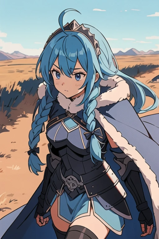 aajd, long hair, single braid, long braid, headpiece, ahoge, fur trim, blue cape, blue shirt, armor, armored dress, blue dress, gauntlets, black thighhighs, Masterpiece, Best Quality, 