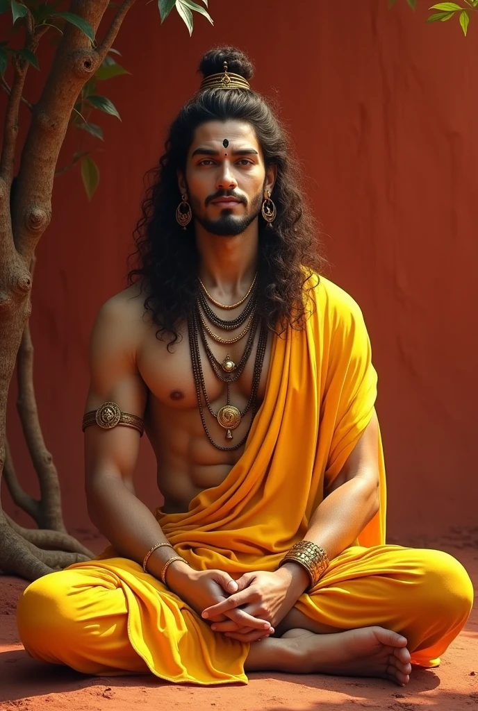 Very calmSmiling Lord shiva as aadiguru curly hair and big breasts sits with her legs stretched out, taking a realistic photo who wear gold mala and bracelet his body also yellow also wearing yellow dress looks happy giving knowledge to disciple who doesn't have beard and moustache and in background must have red colours and रक्तचन्दन tree wood element