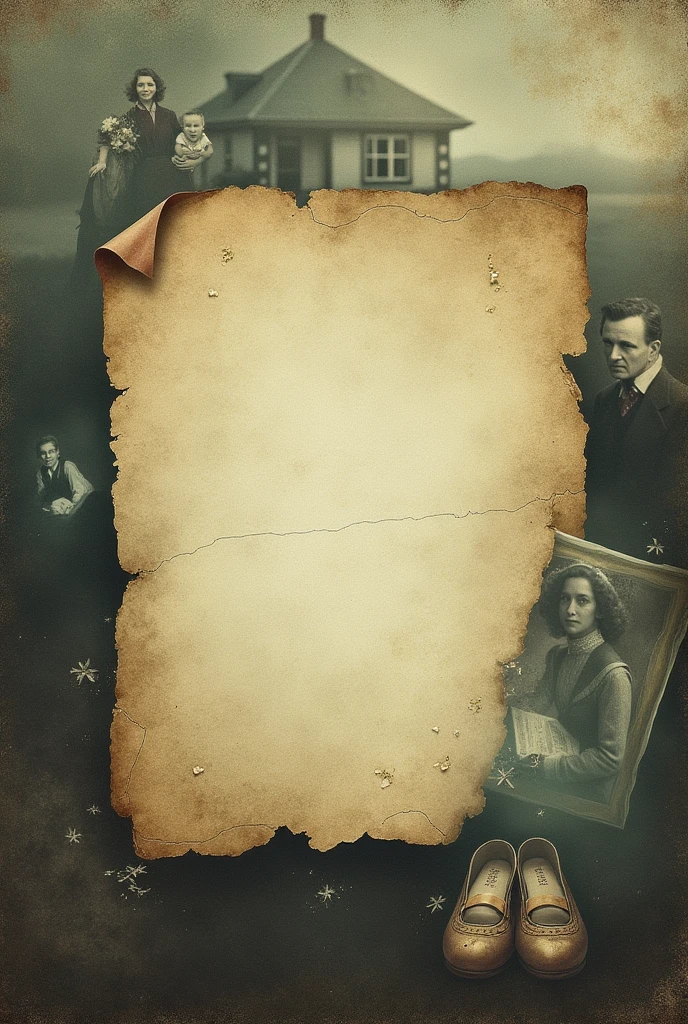 Show an old, partially torn letter in the center of the cover, with faint images of key moments from the sisters' lives overlaid on top—perhaps a house in the background, a faded family portrait, and a pair of women's shoes at the bottom. This can reflect the narrative's focus on personal histories and the emotional weight of memories.