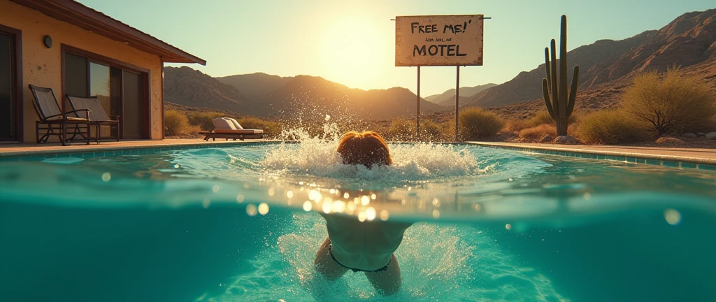 Create a hyper-realistic 8K image from a first-person perspective, as if the camera is partially submerged in a pool. The view should be split: bottom half underwater, top half above. In the immediate foreground, capture dramatic water splashes rising towards the camera, creating the illusion that the viewer is diving into the water. Cover parts of the 'lens' with water droplets to enhance this immersive effect. Underwater: Show crystal-clear turquoise pool water with visible pool tiles. Above water: Frame a run-down Mexican motel in the background, surrounded by cacti. Include a weathered sign if possible. The dilapidated Mexican motel pool, surrounded by cactus, exudes eerie charm. A weathered sign pleads "Free me!". Golden hour light bathes the scene, highlighting hyper-realistic details: dust motel Use golden hour lighting to illuminate the scene, creating a warm, slightly eerie atmosphere. Emphasize the contrast between the underwater clarity and the golden light above. The splash should be the focal point, with intricate details of water droplets and light refraction. Maintain sharp focus throughout, especially on the water splash and droplets. Aim for a raw, cinematic style with a strong depth of field