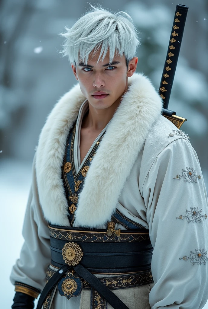 A man with Asian and Russian features. He is wearing a white haori with gold details, with a slightly bare chest. On his shoulders he has a white fluffy scarf and on his right shoulder a black samurai armor with golden details. The man is muscular, pale skin, intimidating light blue eyes, short white hair with bangs and the tip of his hair dyed light blue. He wears on his haori waist two katanas of light blue with gold. Real life. Snowy background