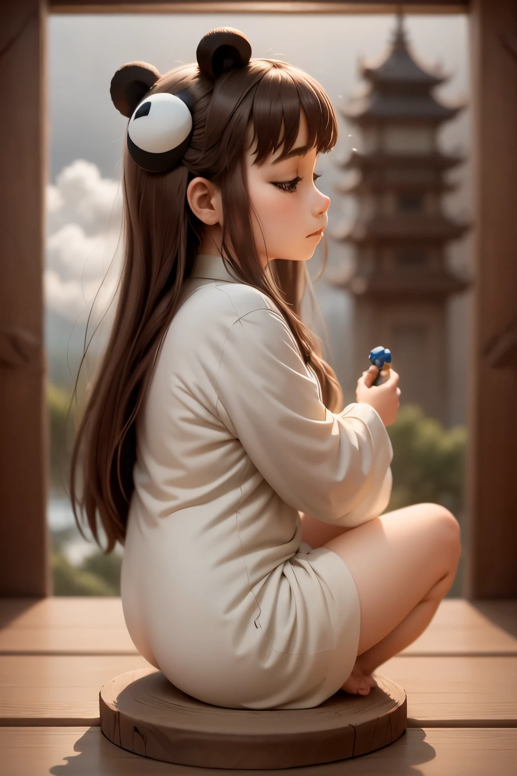 masterpiece, best quality,blind box toy style, ghibli-like colors, from the side, atmospheric perspective, f/1.8, UHD, masterpiece, ccurate, high detail, high quality, high resolution, a panda meditating, meditating, hands folded, chinese auspicious clouds, surrounding, flowing,  