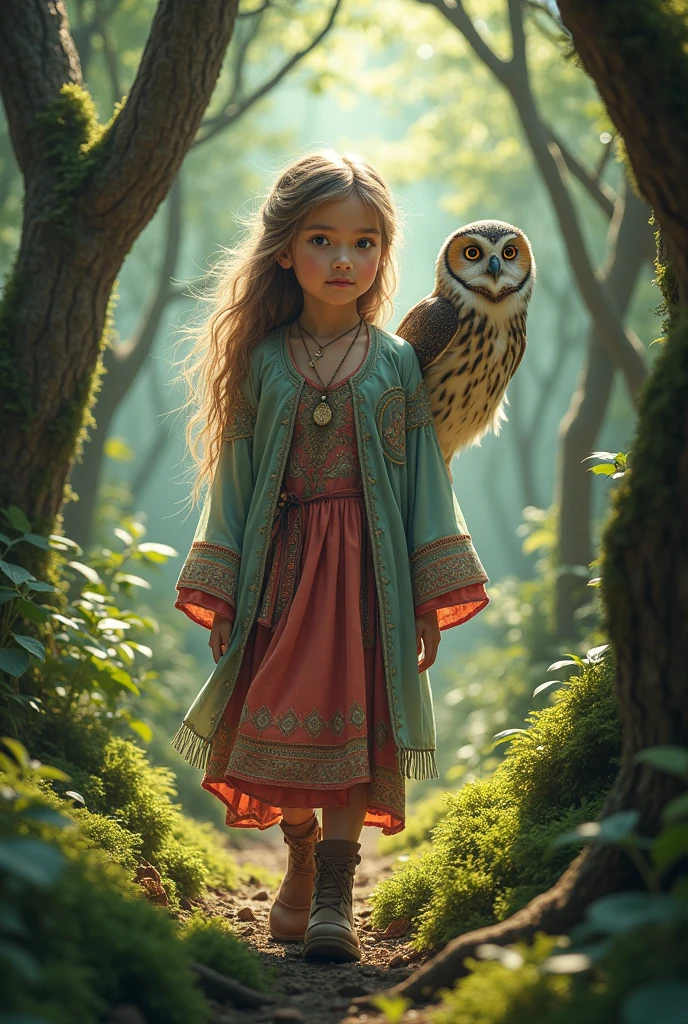 A young girl in magic clothes and an owl on her shoulder
In the middle of the beautiful and mysterious forest