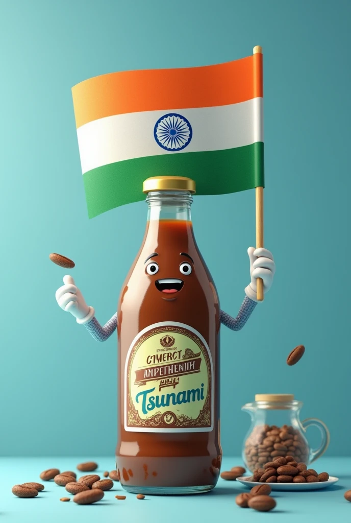 A coffee bottle named Tsunami holding an Indian flag for Independence Day With sky blue tone