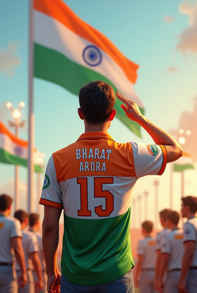 A 30 years old boy salutes the national flag of Bharat and he is wearing a  shirt print is like Bharat flag and “Bharat Arora” and 15 number and independence day in small written on it’s back in big and bold fonts, 3d illustration