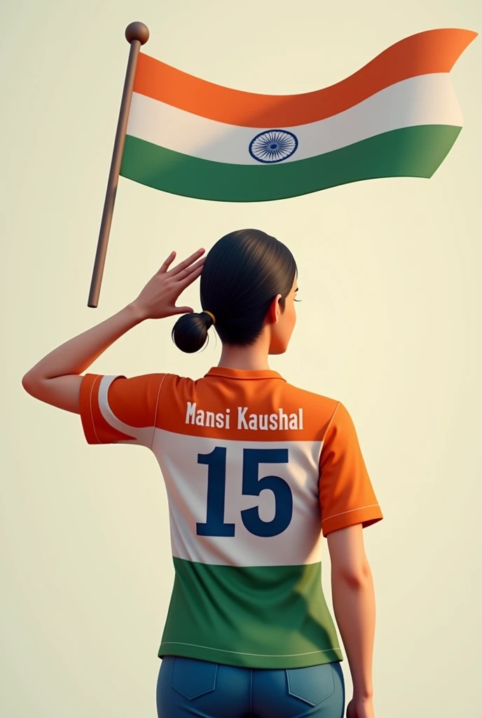 A 20 years old girl salutes the national flag of bharat and he is wearing a shirt print is like bharat flag and "Mansi kaushal" and 15 number and independence day in small is written on it's back in big and bold fonts, 3d illustration