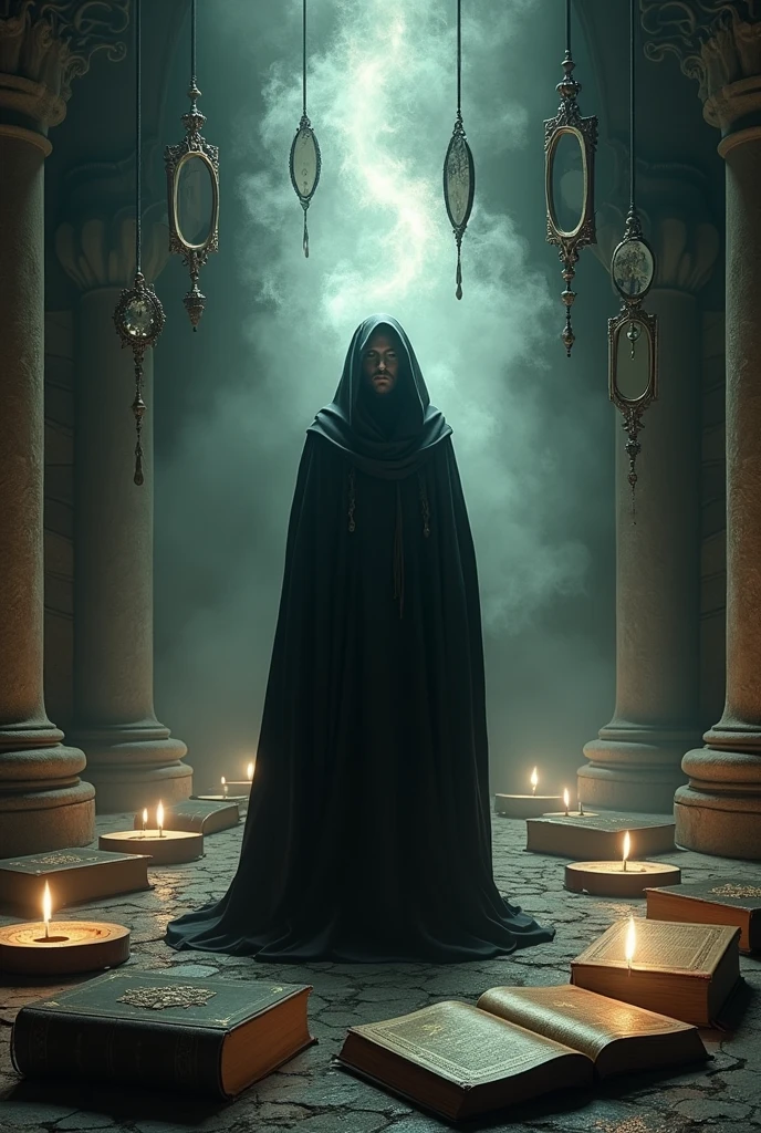 A light wizard in black robes, Circle of magic books scattered on the ground, Magic books and candles placed around him, Seven mirrors at different angles directly above, Gloomy image, vision, Depth of field, divine light, film grain, Optical illusion , Vignette, Renaissance, Pre-Raphaelite Brotherhood, High detail, Aftershadow