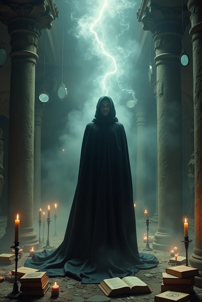 A light wizard in black robes, Circle of magic books scattered on the ground, Magic books and candles placed around him, Seven mirrors at different angles directly above, Gloomy image, vision, Depth of field, divine light, film grain, Optical illusion , Vignette, Renaissance, Pre-Raphaelite Brotherhood, High detail, Aftershadow