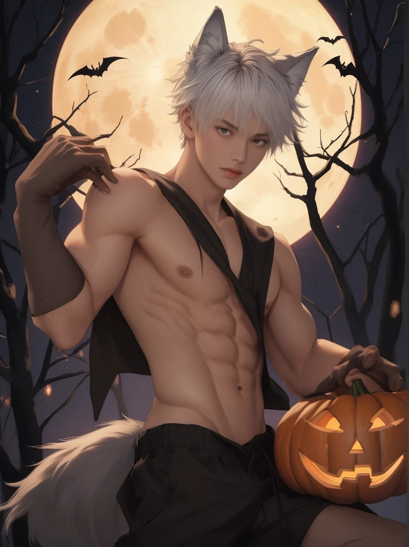 1 male, handsome Japanese male model, high resolution 4k, adult, perfect face, detailed eyes and face, muscular, white eyebrow hair, white eyelashes, Naked torso, Detailed face, perfect face, real skin texture, detail Perfect hand, details, Real and complete hand details, unreal engine, hd picture, satoru gojo, Jujutsu kaisen, white hair, short hair ,hair between eyes ,blue eyes, white skin, wolf ears, wolf tail, Wolf Claw, hold halloween pumpkin, Full moon background