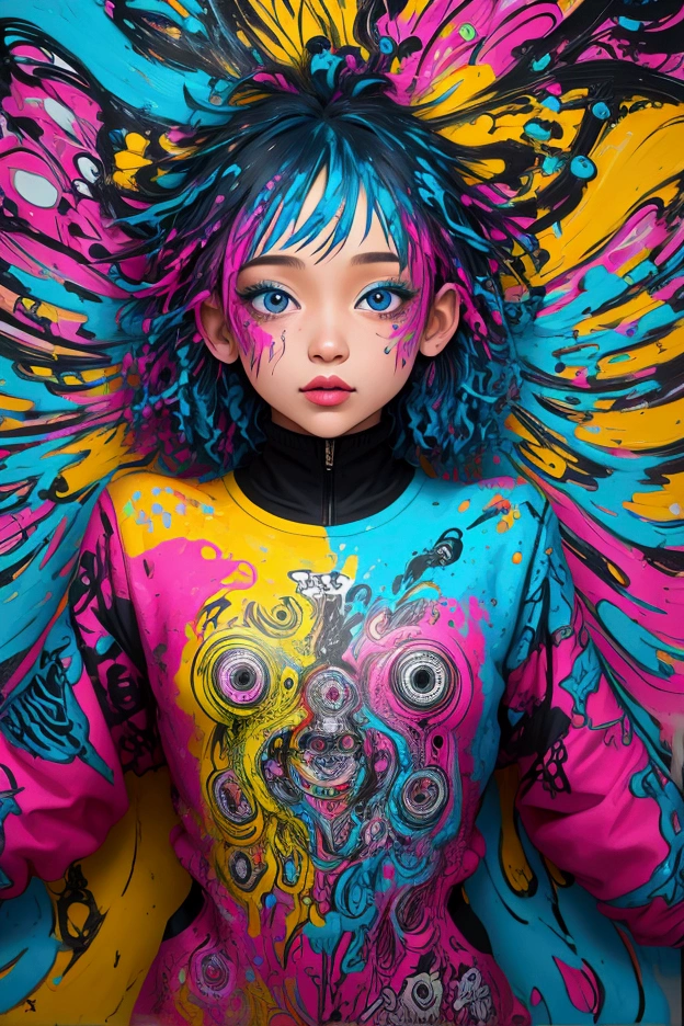 Vibrant girl surrounded by expressive, dynamic graffiti explosion, amidst melting, swirling oil gouache, with bursts of spray paint and acrylic, radiating positive energy and uplifting feelings, amidst a kaleidoscope of high contrast, colorful polychromatic hues, hyper-realistic, ultra detailed, reminiscent of street artists Shantell Martin, Faith47, and Tristan Eaton, evoking a CGSociety aesthetic.