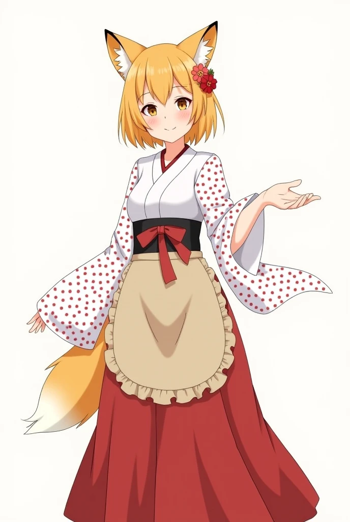Draw me a beautiful girl with fox ears and one tail with short yellow-orange hair dressed in a white kemano with red dotted lines along the sleeves with a red long skirt and on top of all the clothes a beige apron the apron belt is black and should envelop her neck and it should be on top of the skirt and on the Senko belt there should be a red big bow. and with a smile he stretches out his hand in front of you. and on her head there is a hairpin in the form of a flower with red petals and in the center there is a white circle.