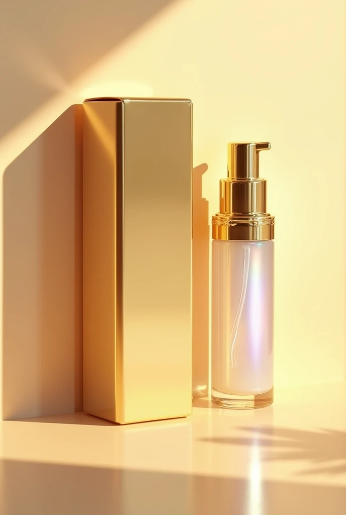 I want you to create a new logo for a serum with the following characteristics:
Product box with gold and pearl colors, the product with a pump in gold and pearl colors, essential shine variations in shades.
 
