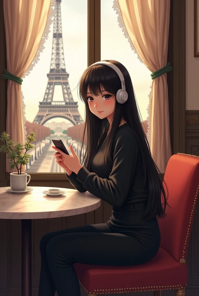 girl with black hair, smooth without bangs, 
 long, black eyes, long eyelashes, round nose, happy, dressed in black, listening to Taylor Swift music, in a cafe near the Eiffel Tower while looking at her phone