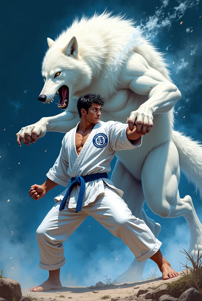 Azrael blue karate logo, A muscular and fearless karateka fighting a furious giant white wolf.